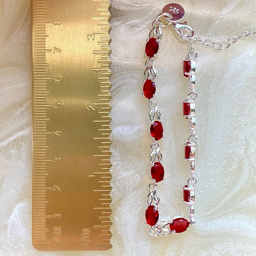 Silver Red Oval Gemstone Bracelet